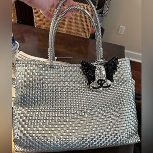 NWT Anteprima Silver Crystal Mesh Tote Bag with Black & Silver Dog Accent